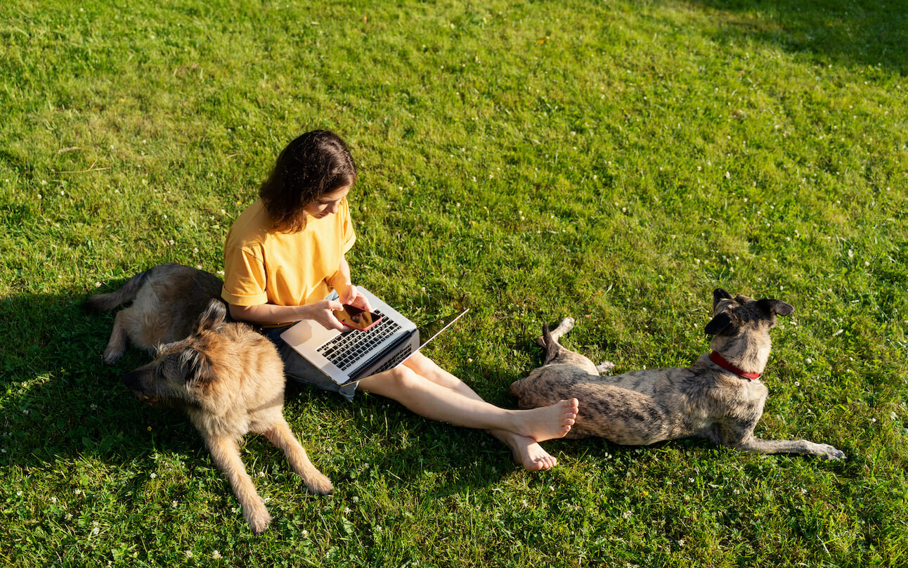 Woman with dogs on laptop and smartphone